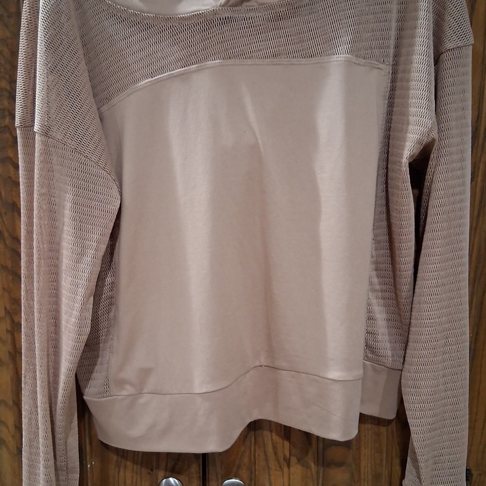 Gottex Beige Mesh Long Sleeve Hoodie Top Peachskin Collection Size Medium